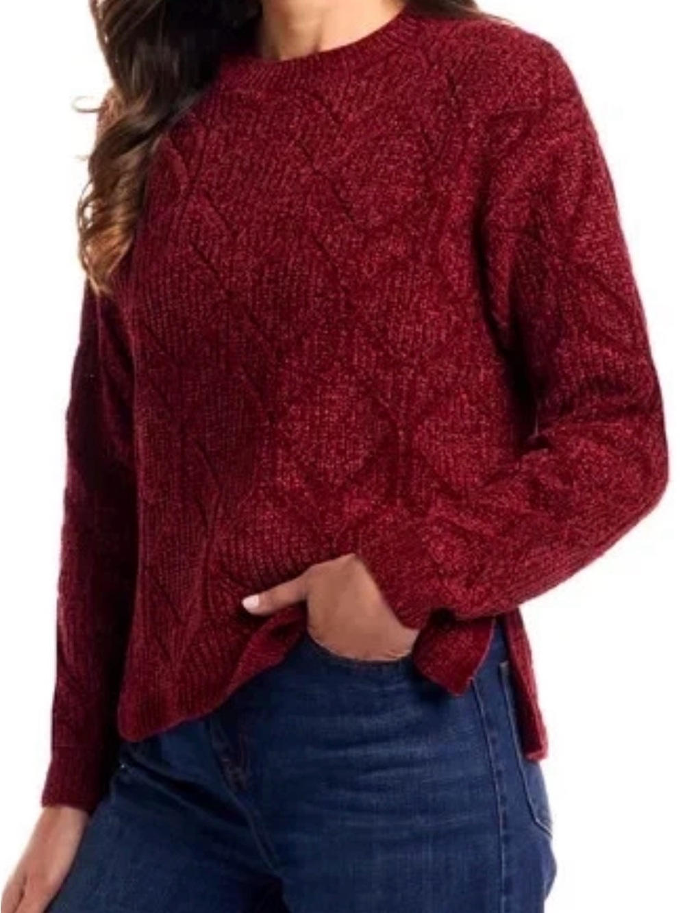 Weatherproof Vintage Burgundy Chenille Cable Diamond Knit Crewneck Sweater XL
